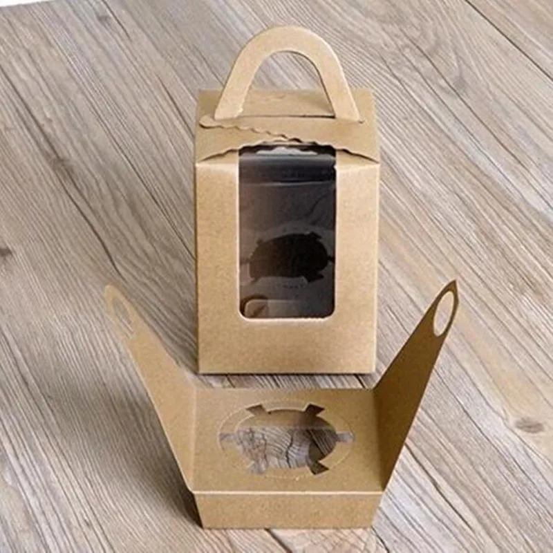 20pcs/lot New Style Brown Kraft Paper Boxes with Window Party Wedding Cupcake Favor Boxes DIY Gift 9.5*9.5*11cm PP708