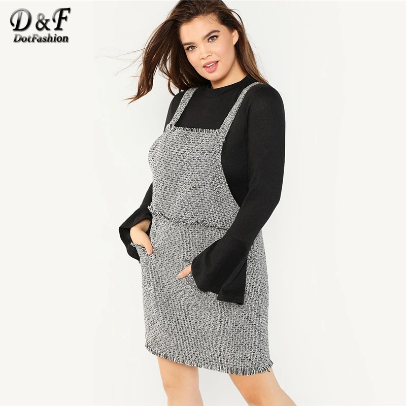 

Dotfashion Plus Size Black And White Frayed Trim Tweed Pinafore Dress Women Clothes 2019 Autumn Fashion Casual Knee Length Dress