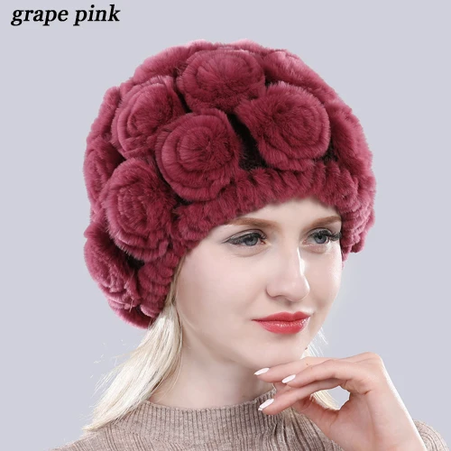 Новая Женская эластичная шапка с цветами, настоящий мех кролика, зимняя вязаная Цветочная шапка из натурального меха, женские пушистые шапки из натурального меха - Цвет: grape pink