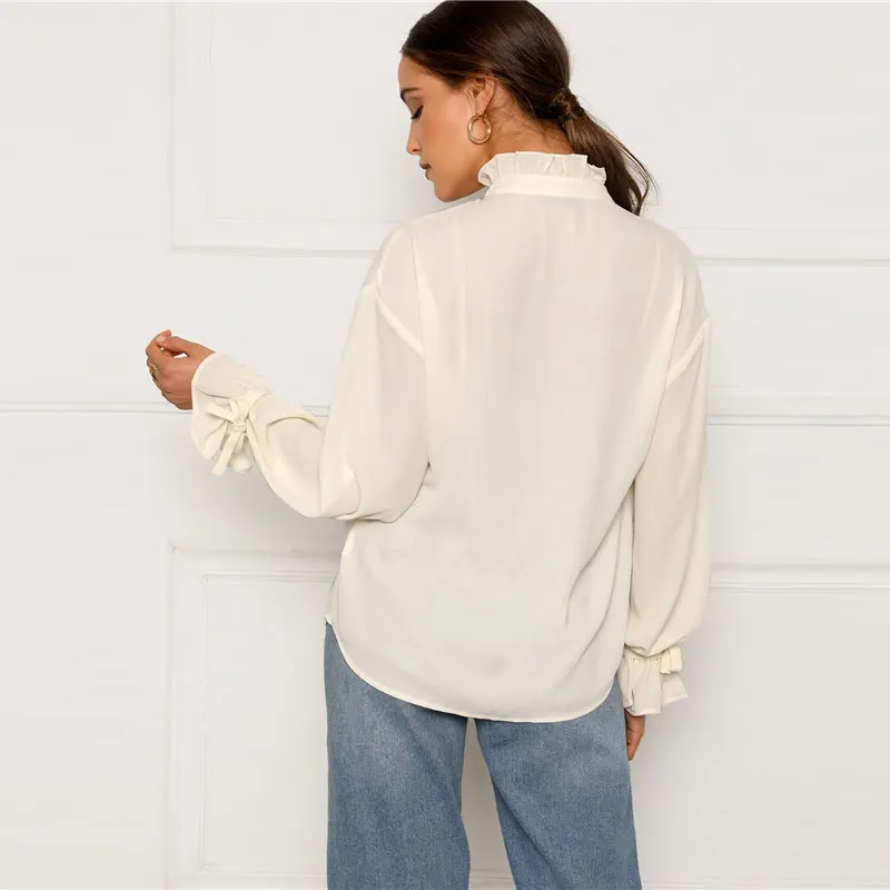 15498656621468494780  - HTB1KuFYbfvsK1RjSspdq6AZepXae - SHEIN Ruffle Tie Pescoço E Folho Luva Partes Superiores Das Senhoras Blusa Mulheres Primavera Gola Sólida Elegante Workwear Tops E Blusas