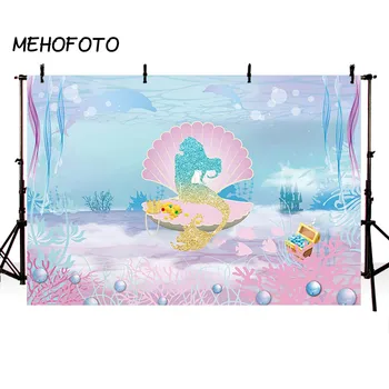 

MEHOFOTO Mermaid Girl Birthday Photography Backdrop Blue Cartoon Ocean Pearl Water bubble For birthday Photo Background
