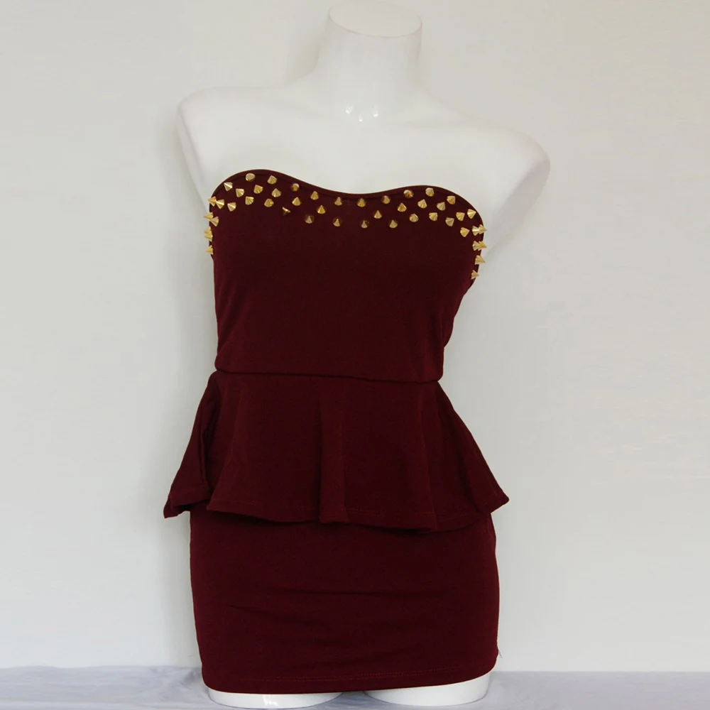 Women's Summer Dress Sexy Off Shoulder Rivets Office Lady Elegant Slim Fit Party Dress Fold Over Peplum Wrapped Mini Dress (5)