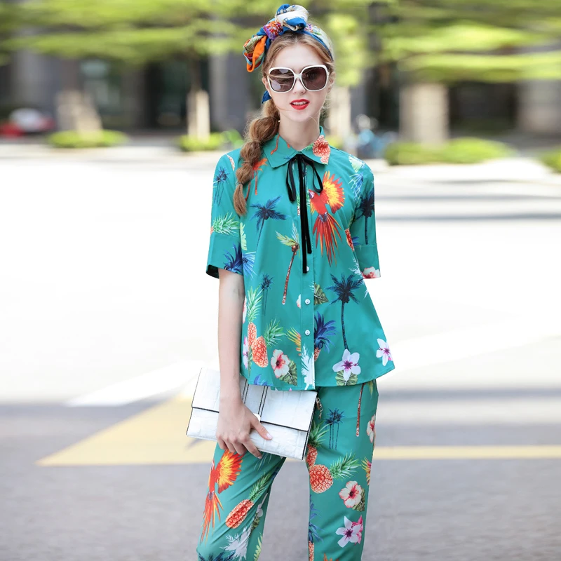 Conjuntos de alta Qualidade Desfile de Moda 2017 Mulheres Verão Duas Peças Set Impressão da Camisa de Manga curta e Calças Conjunto Terno Plus Size Roupas
