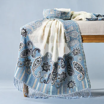 

India imported handmade beaded wool Plaid shawl for ladies warm long section travel scarf women fresh wild