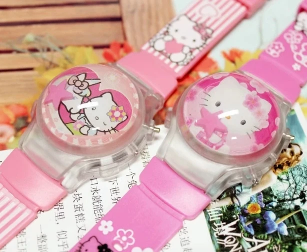 KT hello Kitty свечение Мультфильм силиконовый светодио дный вспышки света часы для девочек и детей электронные детские флип-чехол часы