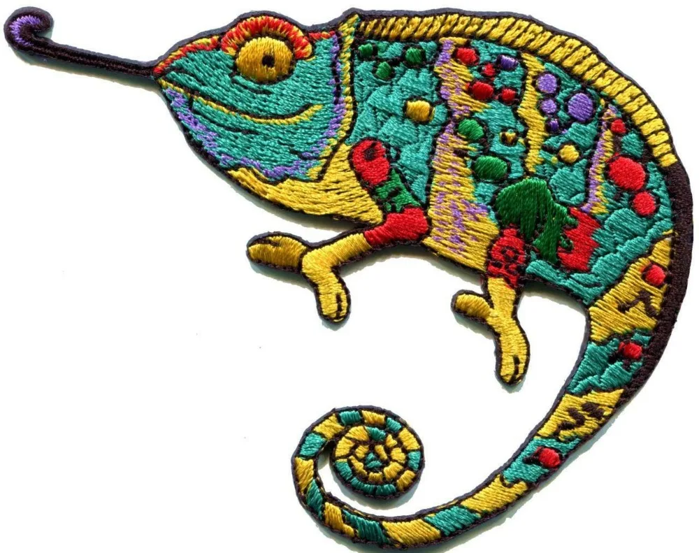 

Custom Embroidered Patch Chameleon lizard retro hippie boho 70s applique iron-on sew on badge customize w/ your own logo design