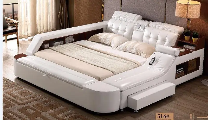 Genuine leather bed frame Soft Beds massager storage safe ...