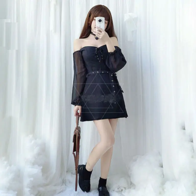 

Japanese Gothic Lolita Dress Hard Sister Chic Harjuku Kawaii Sexy Off Shoulder Sleeve Shirt Short Skirt Lolita 3pcs pre-order