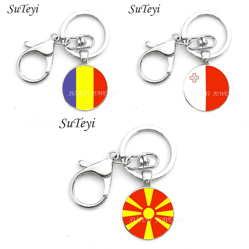 

Romania and Malta and Macedonia Flag Car Keychain Jewelry Silver Color Glass Art Flag Key Chain Packet key Ring For Men Gift