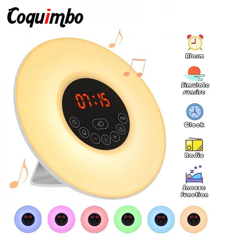 

Wake Up Light Sunrise Simulation Alarm Clock With Sunset & Snooze Bedside Night Light LED 7 Colorful USB Lamp& FM Radio