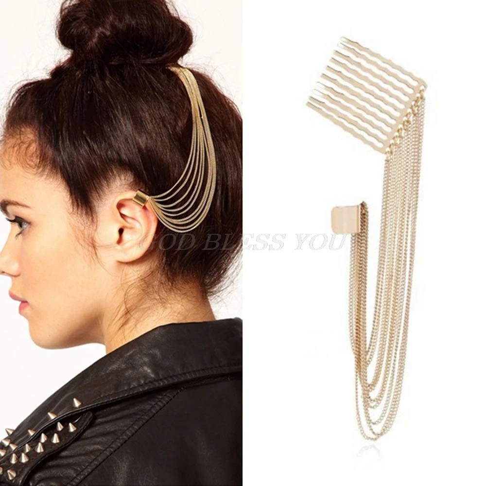 

European Punk Rock Women Girls Long Metallic Tassel Chain Hair Pin Comb Ear Cartilage Cuff Clip Earrings Boho Inserted Headchain