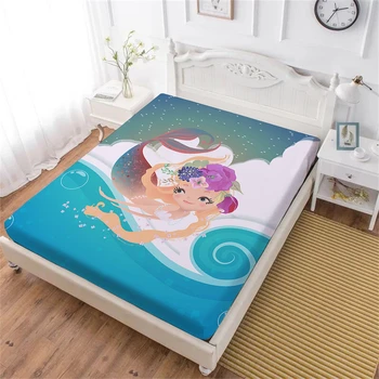 

Girls Sweet Cartoon Bed Sheet Colorful Mermaid Print Fitted Sheet Blue Ocean Wave Print Bedclothes Mattress Cover Home Decor D25