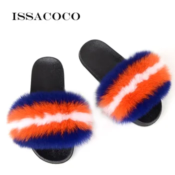 

ISSACOCO Summer Women Real Fox Fur Slides Women Non-slip Fluffy Fur Slippers Women Furry Slippers Ladies Plush Fox Hair Slippers