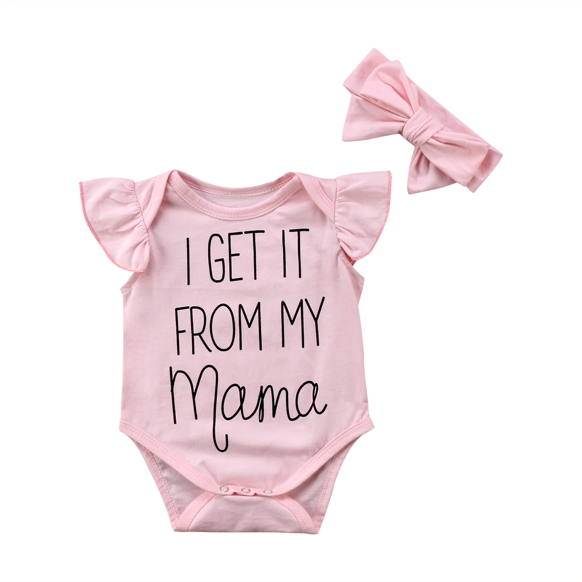 

2018 Newborn Toddler Baby Girl Flying Sleeves Jumpsuit Bodysuit+Headband Mama Pink Clothes Outfit Summer Set