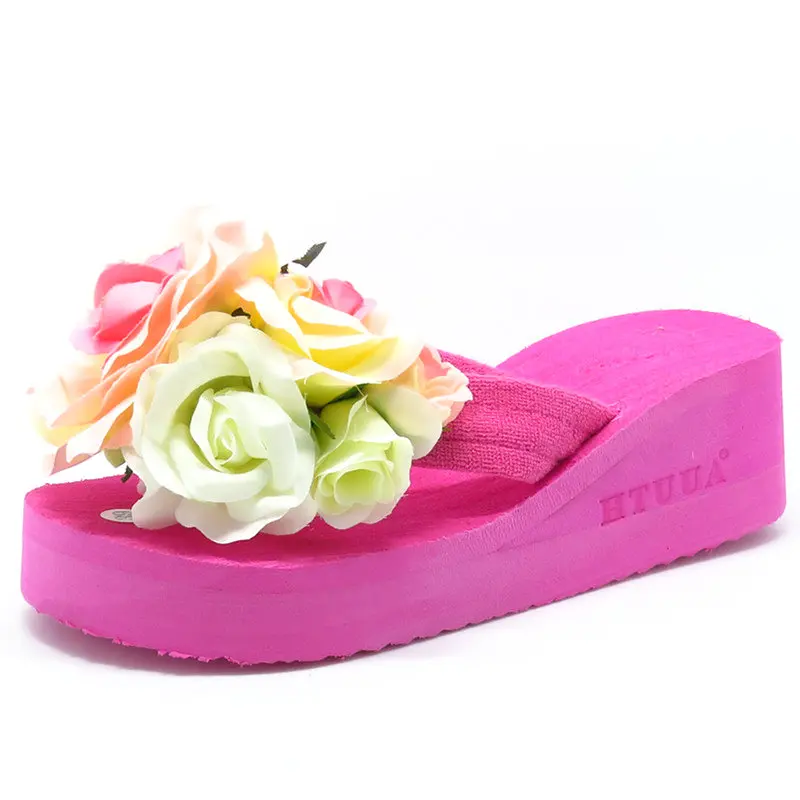 HTUUA/Новинка года; летние шлепанцы; женские модные Вьетнамки; пляжные сандалии на платформе; женская прозрачная обувь ручной работы на танкетке с цветами; SX054 - Цвет: color 5