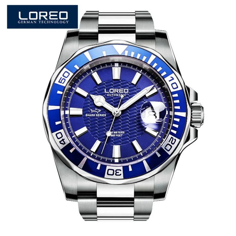 LOREO спортивные часы для мужчин 200 м водонепроницаемые автоматические механические часы светящийся вращающийся Безель винт Корона календарь 316L стальной ремешок - Цвет: Blue