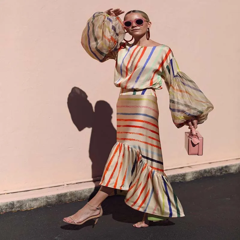 

2019 Spring Summer Lanter Sleeve Striped Printed Dress Temperament Irregular Ruffles Unique Design Maxi Dress Boho Beach