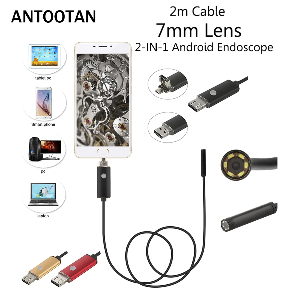 Новый 2 м 6 светодиодный IP67 Водонепроницаемый USB Android эндоскопа бороскоп Tube гибкий эндоскоп Камера 7 мм объектив зеркало как подарок