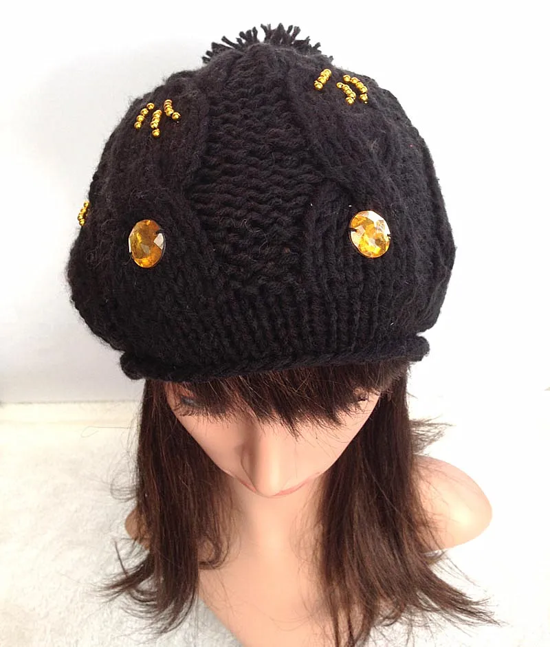 Bomhcs 100% ручной вязки шапочка Новый Ringstone со стразами черные женские зимние теплые шапка