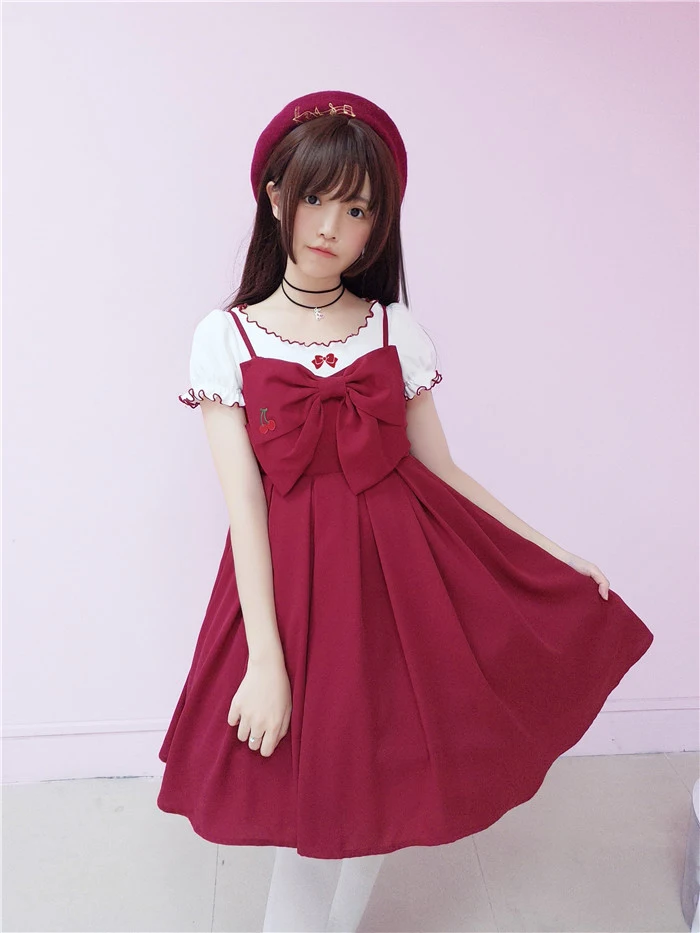 

Cherry Embroidery Cute Women's Lolita JSK Dress+T-shirt Summer Suspender Sleeveless Dress Big Bow Trim One Piece Red/Black