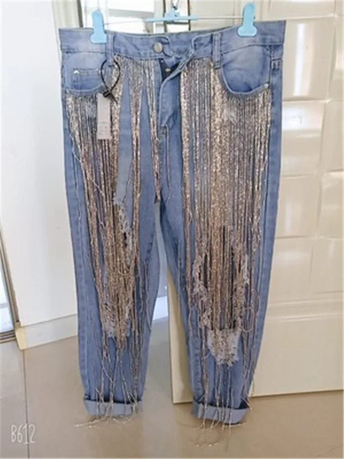 Женские джинсы, уличная одежда, с бисером, с кисточками, с большими дырками, сексуальные нищие джинсы, женские джинсовые брюки-карандаш в стиле панк