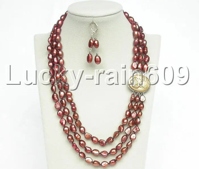 

ddh00760 3row 12mm baroque light coffee pearls necklace dangle Earring