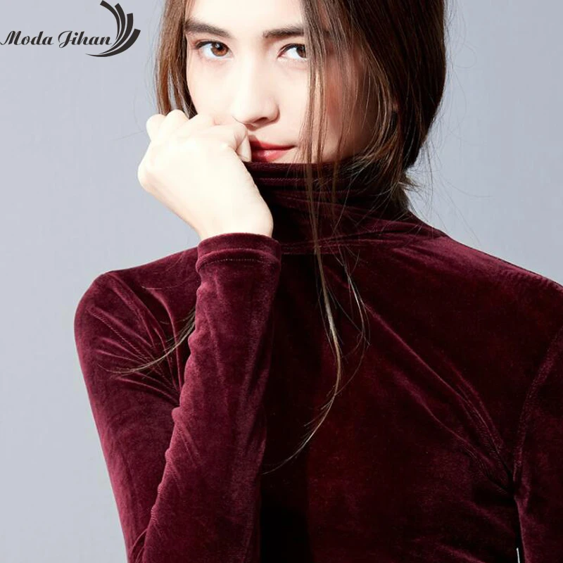 Online Moda Jihan otoño Camisas de mujer de manga larga de fondo camisas de terciopelo cuello alto cómodas y elásticas básicas camisetas de mujer Blusas
