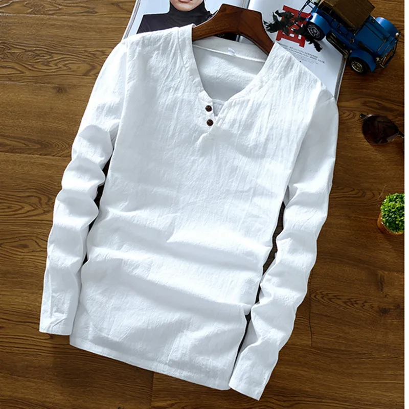 Льняные рубашки, одноцветная Базовая футболка с длинным рукавом для мужчин, весенние новые футболки с вырезом лодочкой, модные мужские топы, футболки размера плюс M-4XL, 5XL, 6XL, 7XL - Цвет: Белый