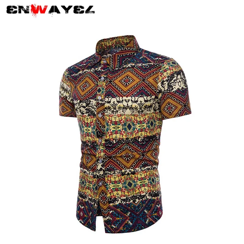 

ENWAYEL 2019 Summer New Short Sleeve Print Casual Men Shirt Plus Size Vintage Blouse Male Shirts Slim Fit Clothing Quality TC07