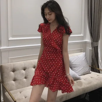 

Women Casual Short Sleeve Dress Dot Printing Asymmetrical Dress Lace Up V-Neck Ruffles Chiffon Fashion Dress