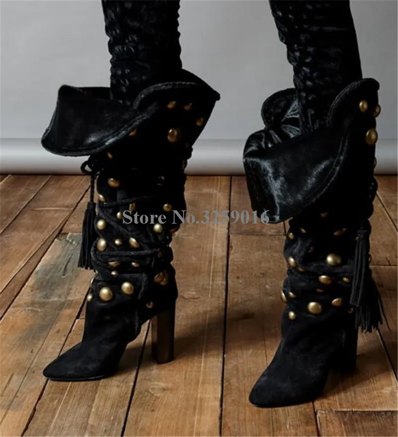 

Newest Women Fashion Pointed Toe Loose Black Suede Leather Gold Button Chunky Heel Boots Lace-up Knee High Long High Heel Boots
