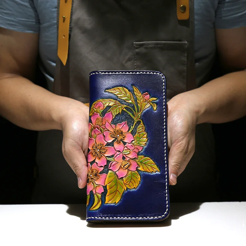 

Free Lettering Hand-carved Magnolia Cowhide Wallets Bag Purses Women Long Clutch Vegetable Tanned Leather Mother's Day gifts