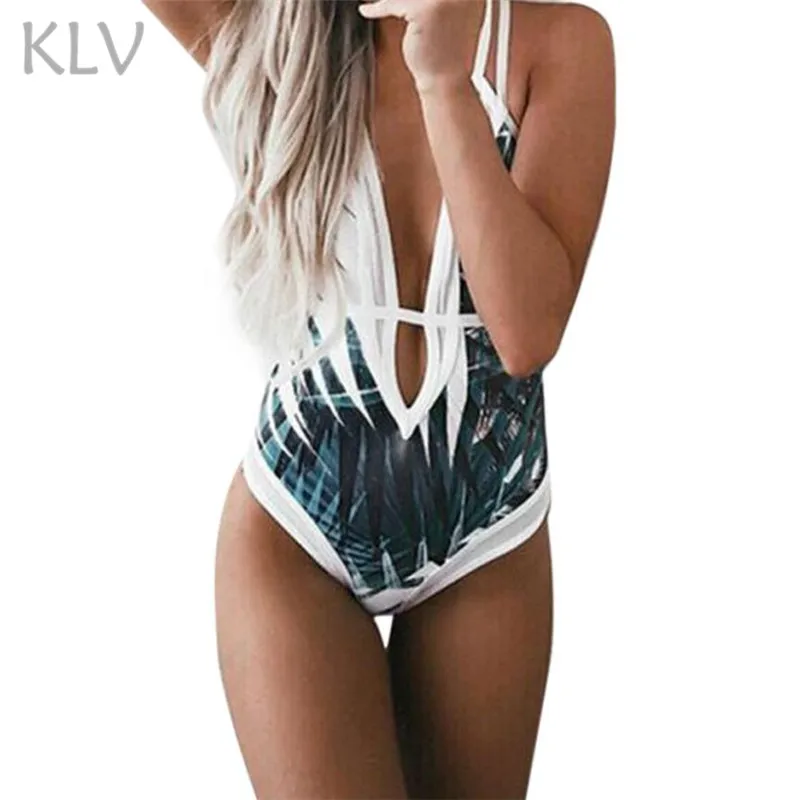 KLV Leaf printing womens bikini set push up padded swimwear swimsuit White Bandage with Halter Swimsuit female Bikini #@%