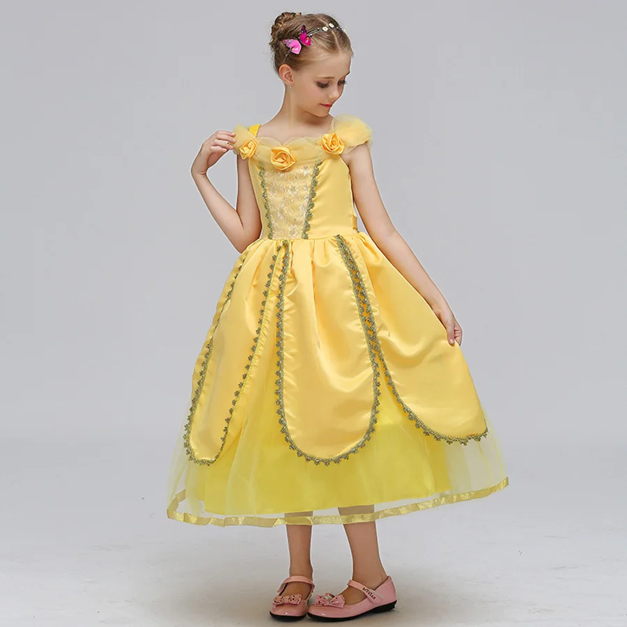Cartoon Girls Belle Dress Kids Yellow Fancy Dress for Cosplay Costume Beauty Beast Ball Gown Kids Carnival Halloween Dresses (6)