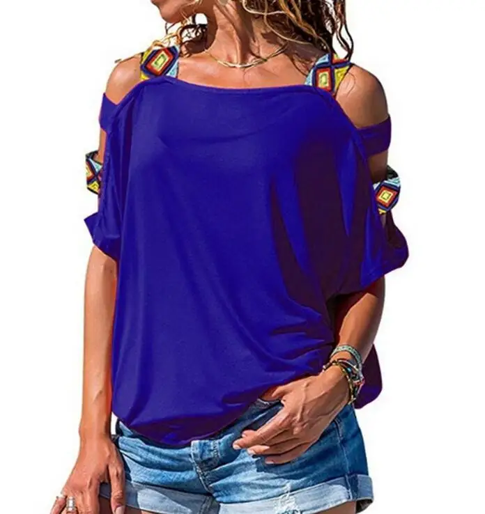 Новинка, летние популярные хлопковые топы для женщин, на бретелях, Топики, с открытыми плечами, в стиле бохо, женские сексуальные свободные с вырезом лодочкой, элегантные женские повседневные рубашки, футболки - Цвет: Синий