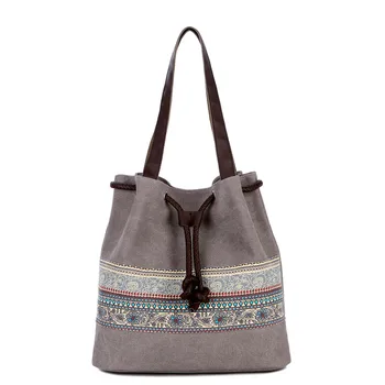 

New Canvas Bucket Casual Shoulder Bag Women's Bags Spanish Beach Bag Women Retro String Shopping Handbags Lace Printing Bag