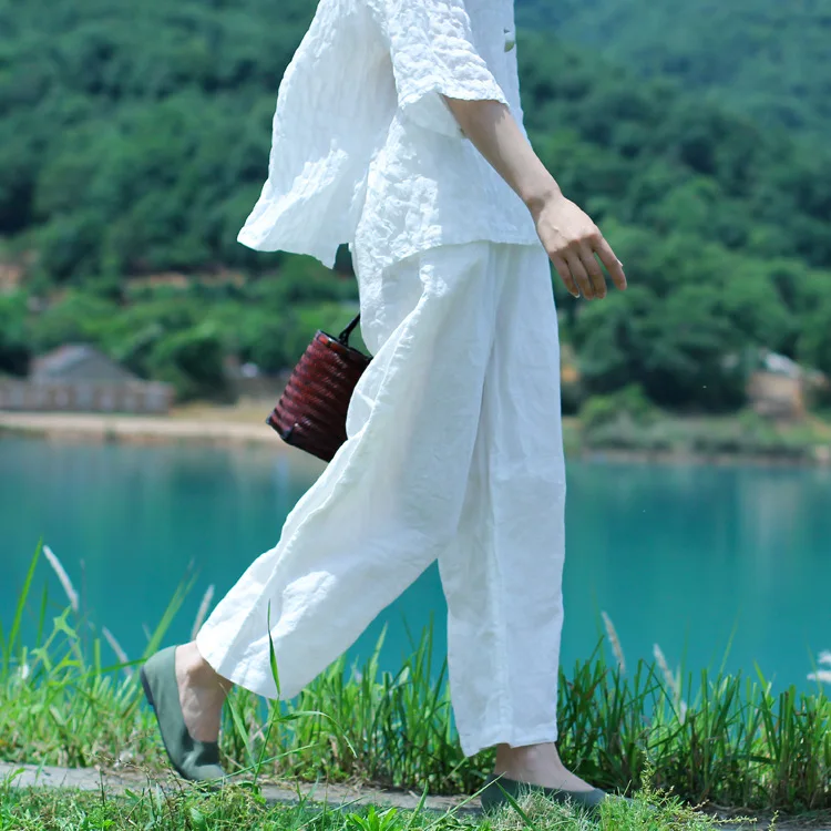 

2016 Summer Women Vintage Loose Brief Drawstring White Straight Pants Capris Original Design Elastic Waist Linen Wide Leg Pants