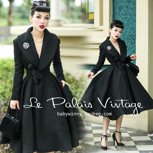 30-women vintage 50s Audrey Hepburn wool long swing rockabilly coat in  black women plus size
