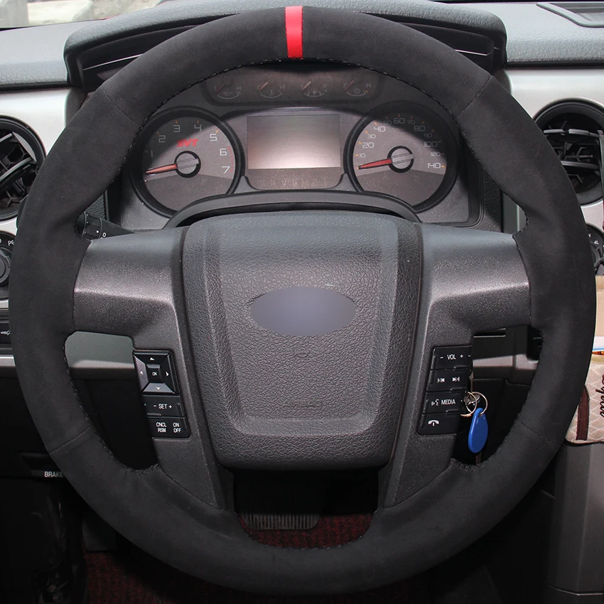 

Black Suede Red Marker Car Steering Wheel Covers for Ford F150 F-150 2011-2014 auto Steering Covers