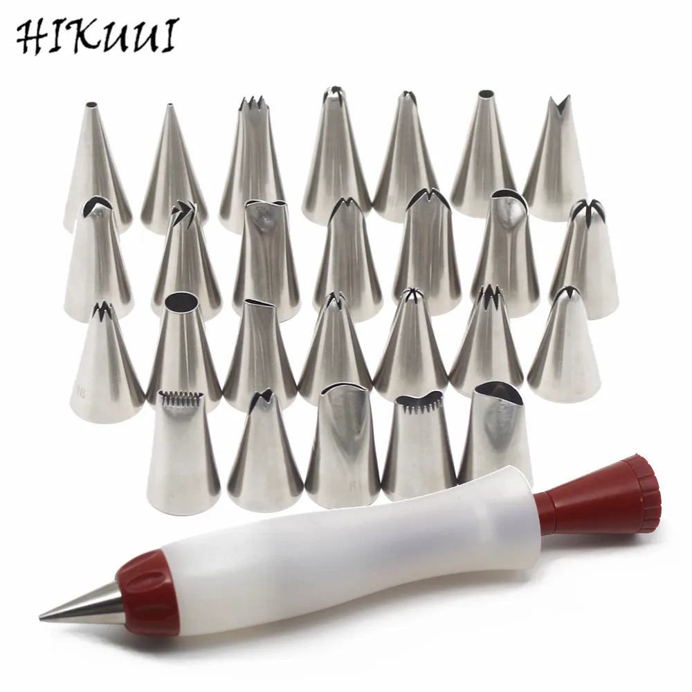26pcs 304 Stainless Steel Pastry Nozzles Set 1pc Silicone Nozzle Pen Cake Decoration Tools Piping Tips