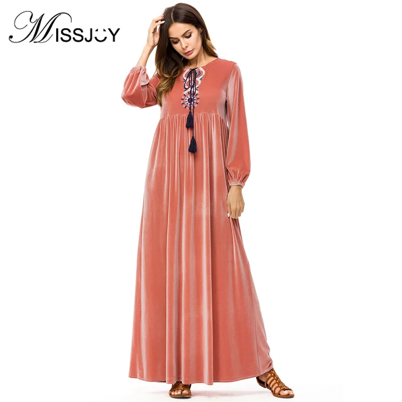 

MISSJOY Muslim turkish islamic clothing for women abaya Long Sleeve V Neck Drawstring Embroidery kurta malaysia maxi dresses