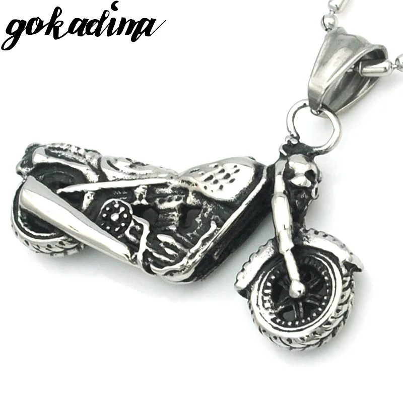 

GOKADIMA Rock Men's 316l Stainless Steel Skull Motorcycle Pendant Necklace Fashion 2017 Jewelry for boys gift WP172