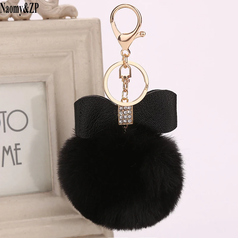 

Naomy&ZP Pompom Women Trinkets PU Leather Bow Rhinestone Keychain Charm Pompon Keyring Fluffy Faux Rabbit Fur Ball Key Chains
