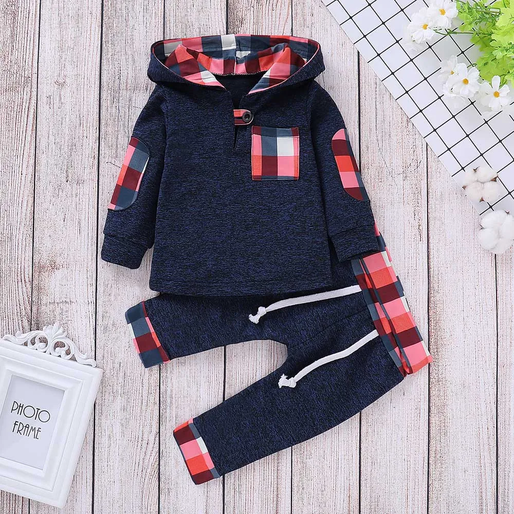 

MUQGEW Baby Girls Boys Clothes Winter Infant Toddler Baby Boys Girls Plaid Hooded Pullover Tops Pants Outfits Set