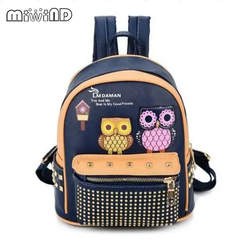 Miwind F OWL printed decals rivet quality shoulder bags women new adorable summer pu school bags