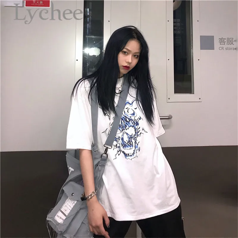 Lychee Harajuku Ghost Flame Print Lady Футболка Топ тройники круглый вырез свободный короткий рукав весна лето женские футболки Топ тройники