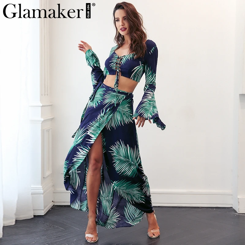 

Glamaker Lace up palm sexy dress Women Two-piece suit hollow out beach dress Asymmetric spring boho summer dress vestidos split