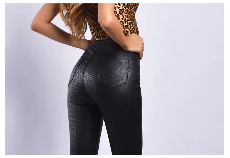 Женские брюки-карандаш с высокой талией из искусственной кожи, змеиная кожа, однобортные бархатные брюки из искусственной кожи с пуговицами, тянущиеся зимние брюки размера плюс