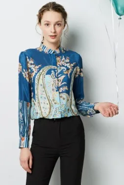 

Spring and Summer Blue Cashew Flower Silk Shirt for Women