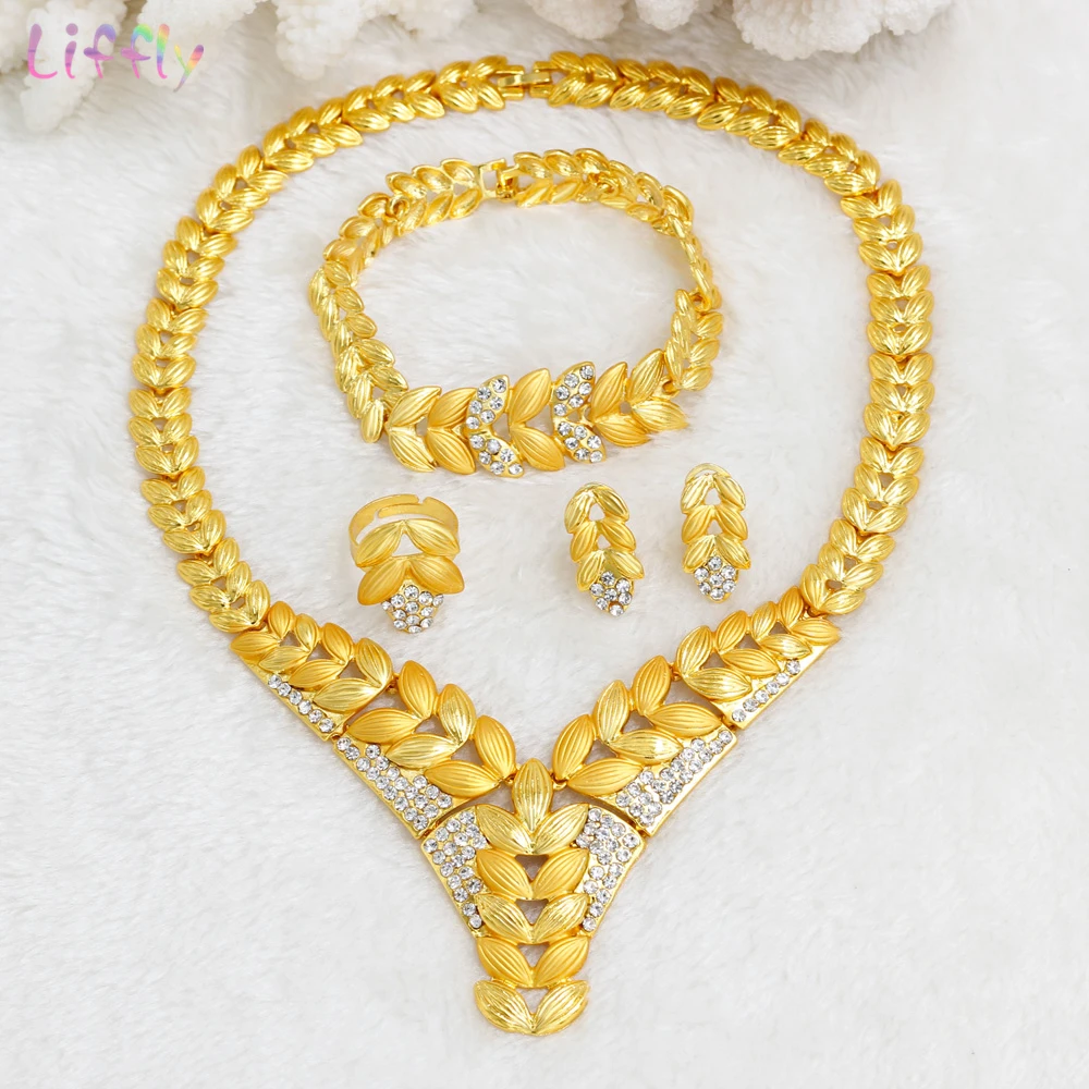 Liffly Fashion Bridal Jewelry Set Dubai Gold Sets for Women Crystal Necklace Earrings Wedding African Beads | Украшения и
